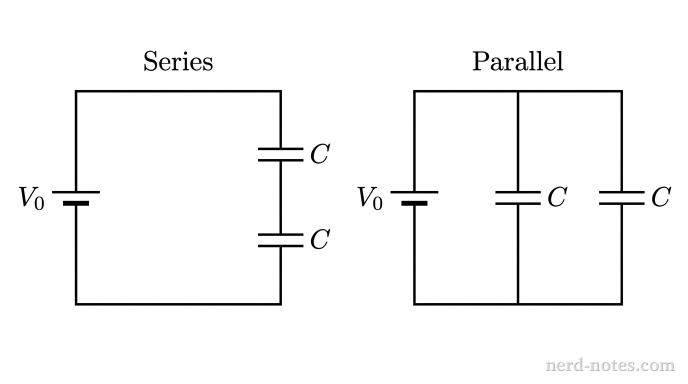 Capacitors connected in series and parallel configurations across battery voltage \(V_0\).
