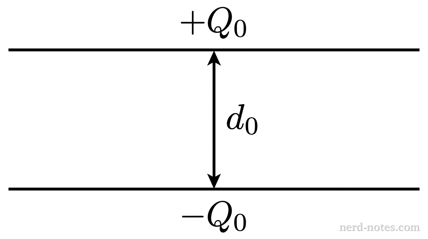 Side view of an isolated charged parallel-plate capacitor.