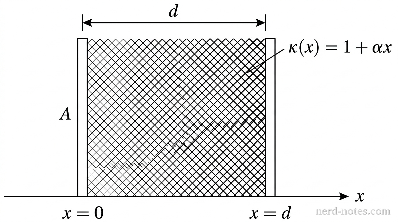 A schematic cross-section of a parallel-plate capacitor with two vertical parallel conducting plates representing area A, separated horizontally by a distance d. The left plate is located at x = 0 and the right plate is at x = d. A horizontal coordinate axis labeled x points from left to right along the bottom. The space between the plates is filled with shading whose density increases continuously from x = 0 to x = d, labeled with \kappa(x) = 1 + \alpha x. A double-headed dimension arrow indicates the plate separation d. No other labels, lines, text, or axes appear.