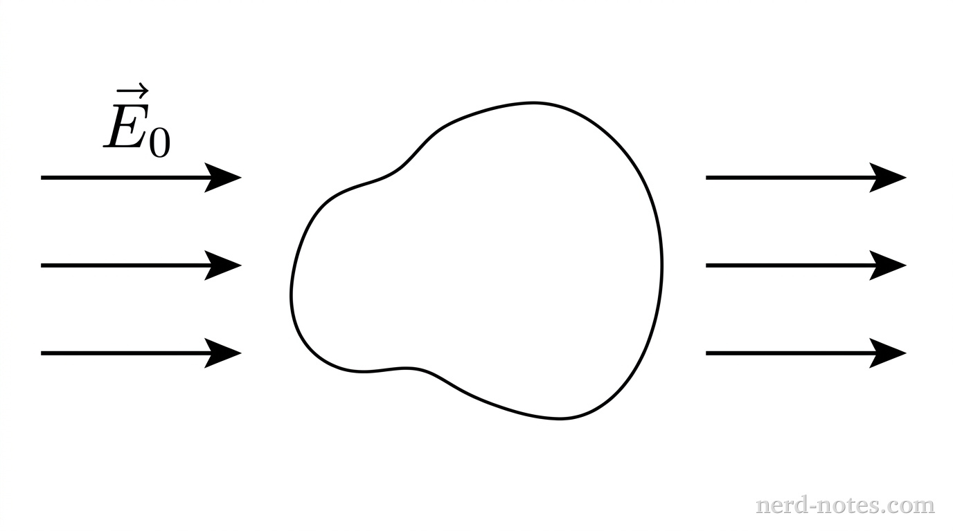 An uncharged solid conductor placed in a uniform external electric field.