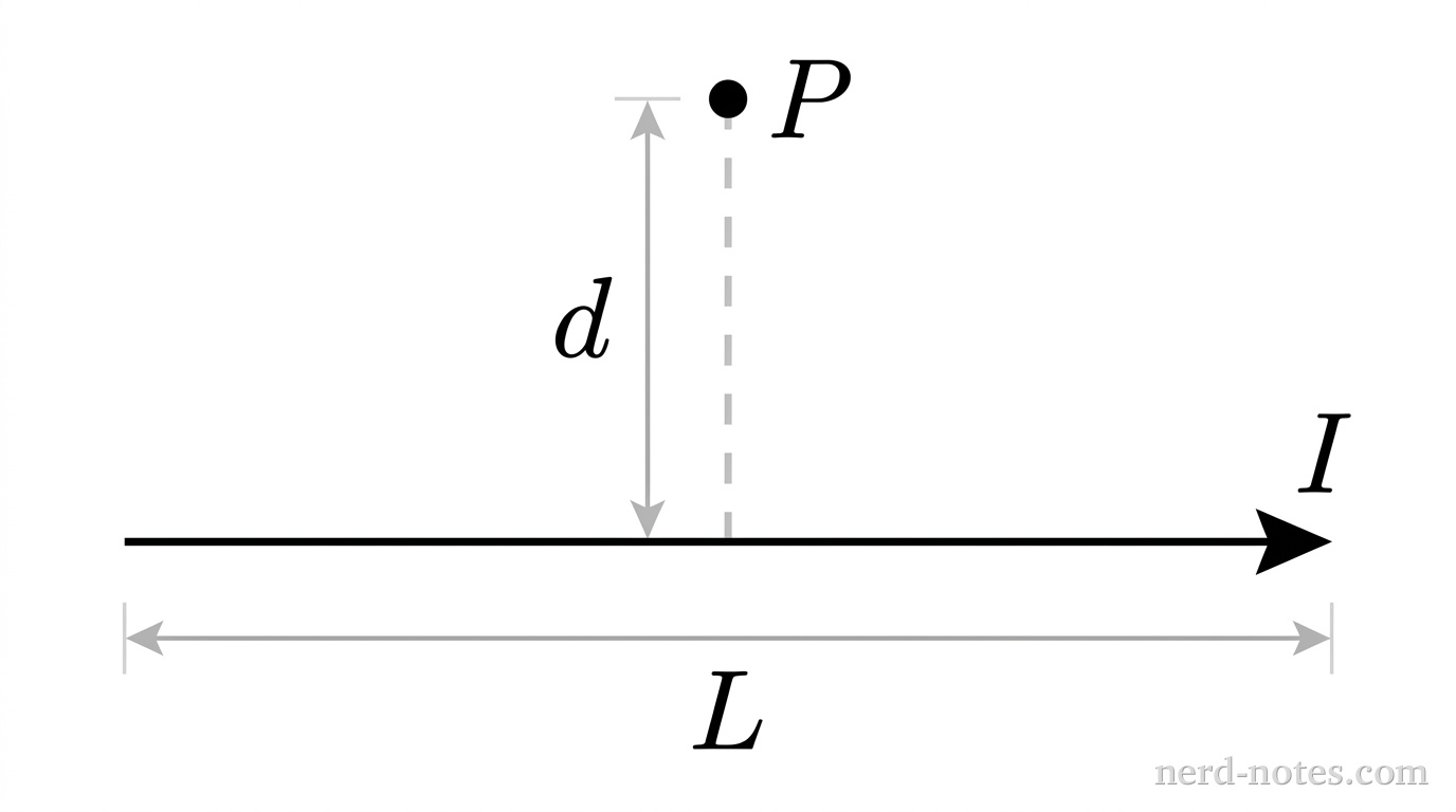 Wire segment of length \(L\) carrying current \(I\) with point \(P\) at distance \(d\).
