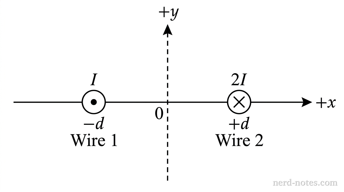 Cross section of two parallel wires perpendicular to the xy-plane.