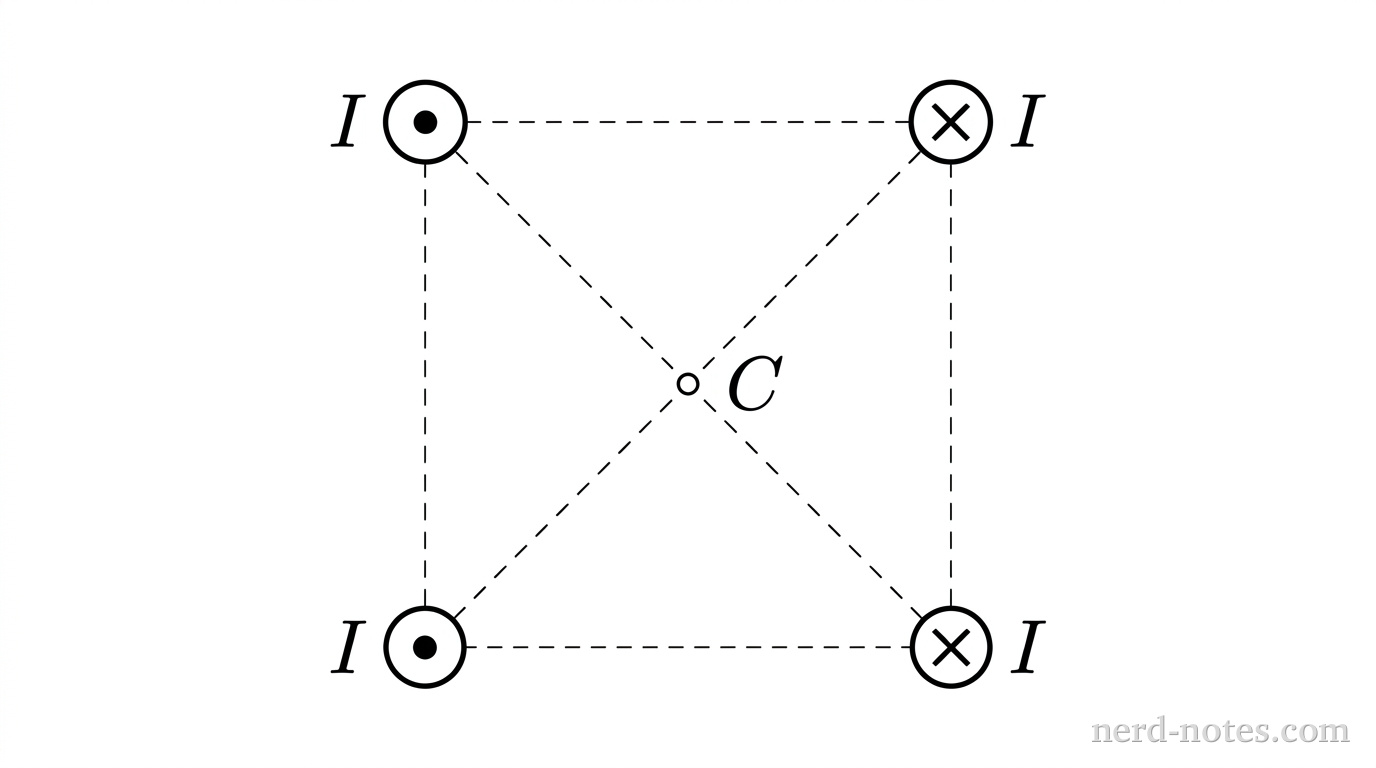 Four current-carrying wires positioned at the corners of a square.