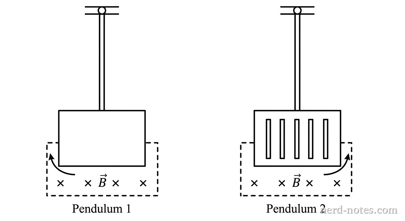 Solid and slotted metal pendulums swinging into a magnetic field.