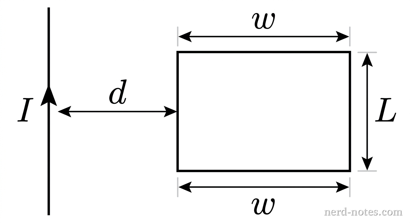 A flat rectangular loop coplanar with a long current-carrying wire.
