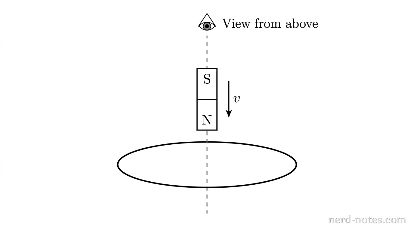 A bar magnet falling along the central axis of a horizontal conducting loop.