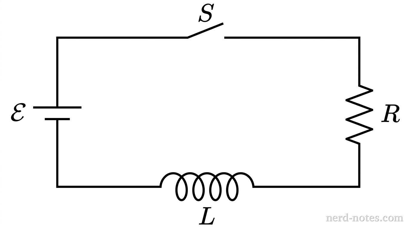 Circuit schematic containing a battery, open switch, resistor, and inductor in series.