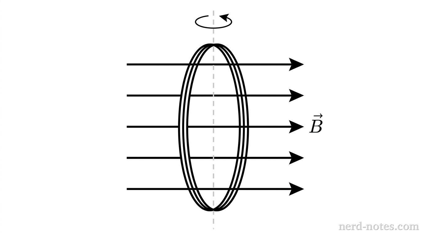 A multi-turn coil in a uniform magnetic field \(\vec{B}\) rotating about a central axis.