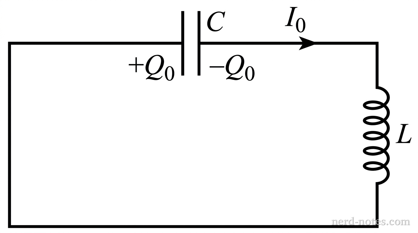 An LC circuit with initial charge Q_0 and initial current I_0.