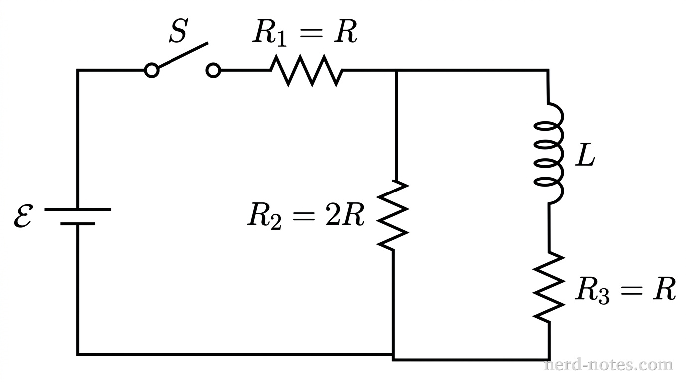 Circuit schematic with battery, switch, resistors, and inductor.