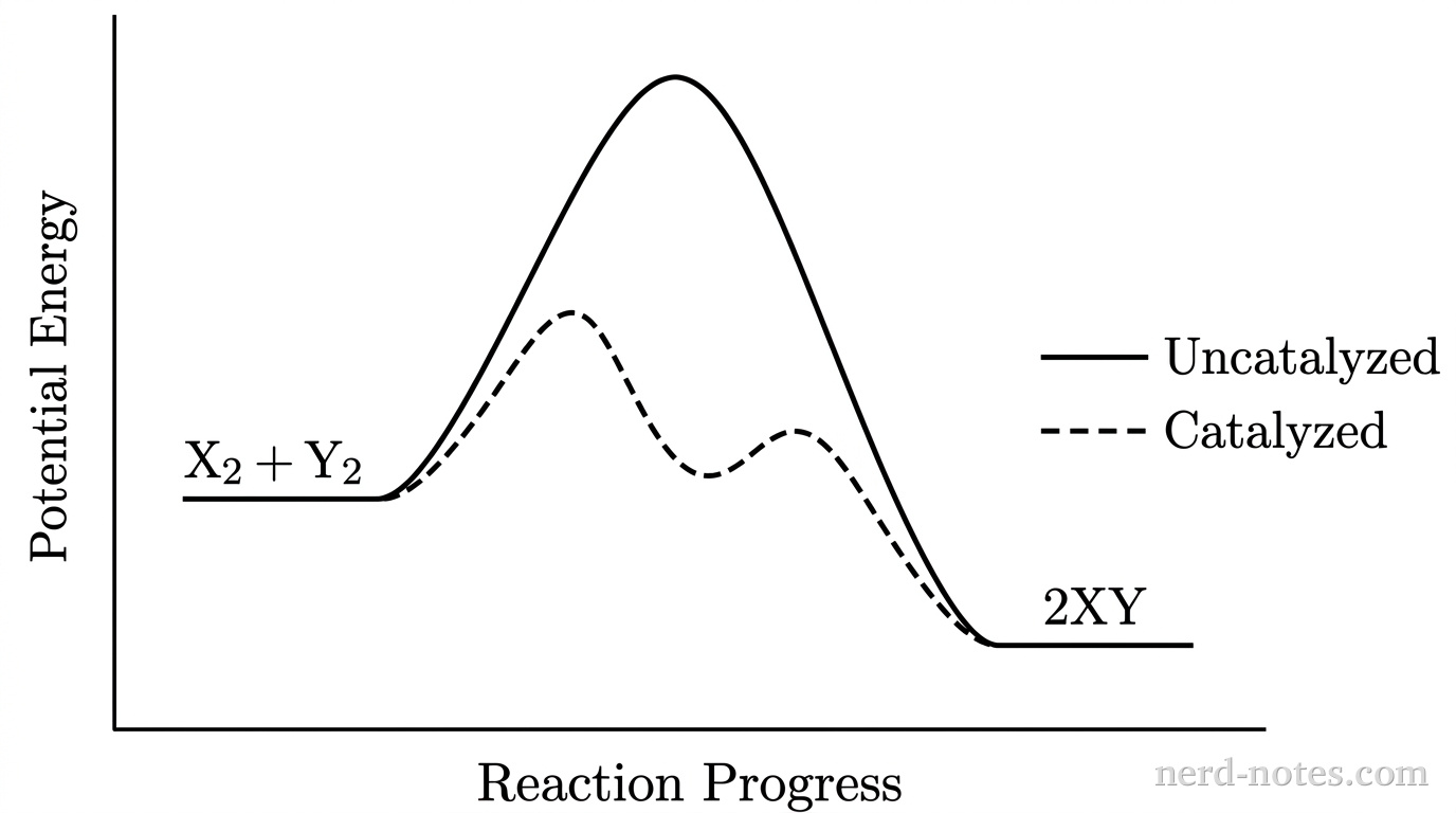 Potential energy profiles for the uncatalyzed and catalyzed pathways of \(\text{X}_2\text{(g)} + \text{Y}_2\text{(g)} \rightarrow 2\text{XY(g)}\).