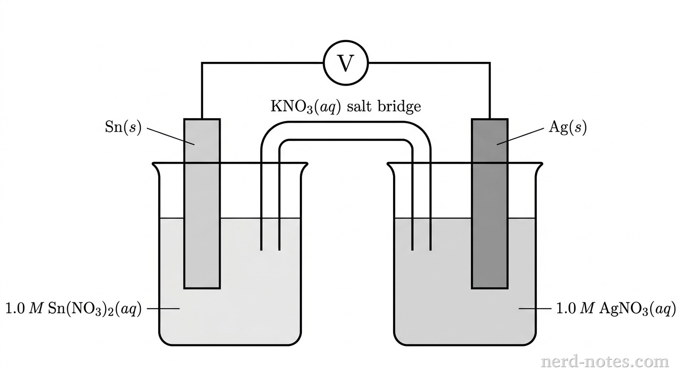 Galvanic cell constructed with \(\text{Sn}\) and \(\text{Ag}\) half-cells at \(298\text{ K}\).