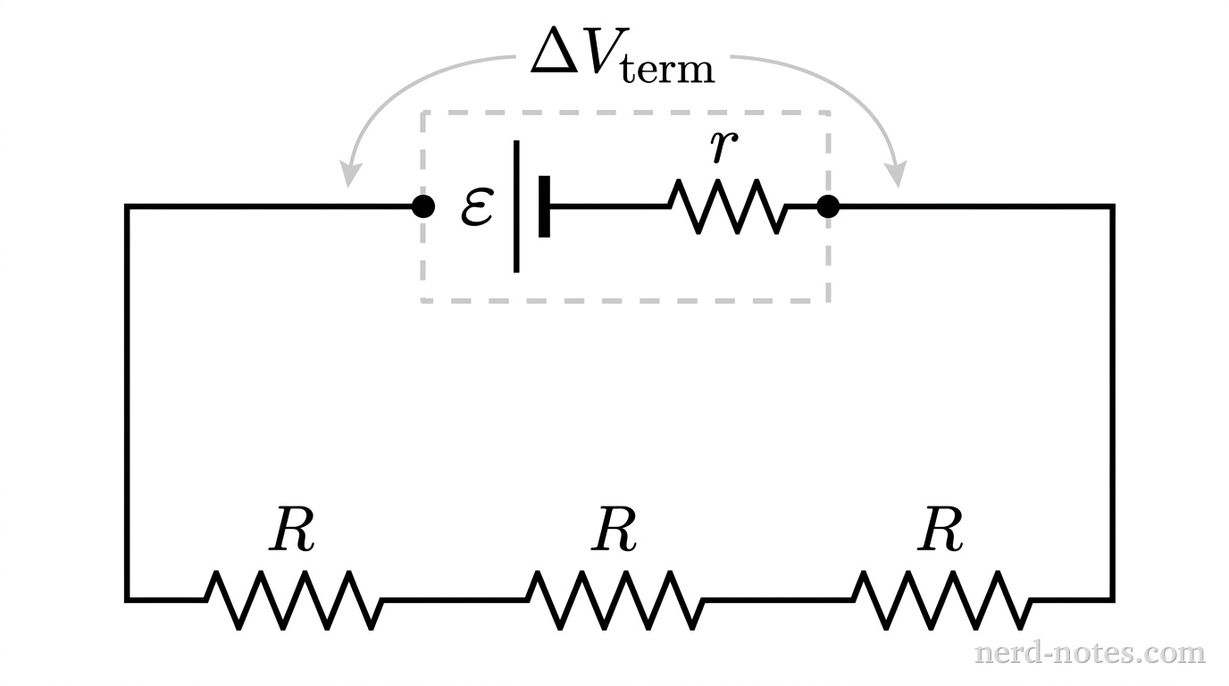 Circuit containing a nonideal battery and three series resistors.