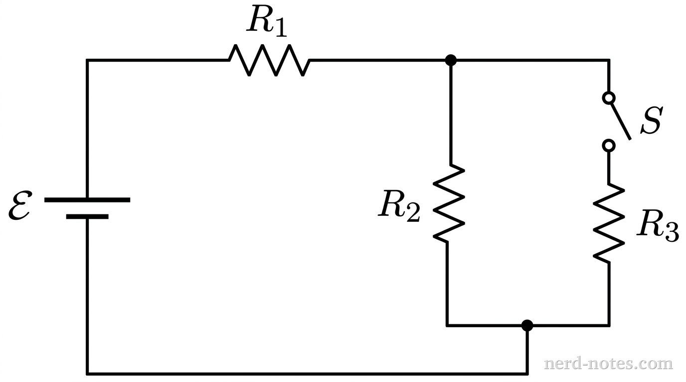 A circuit containing an ideal battery, three identical resistors, and an open switch.