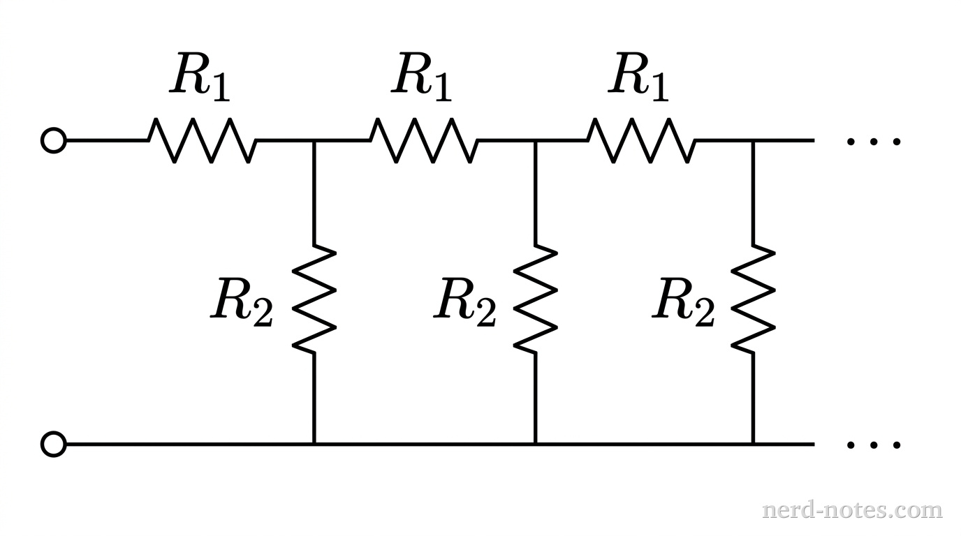A circuit schematic of a semi-infinite ladder network. On the left are two open terminal circles arranged vertically. From the top terminal, a horizontal wire extends rightward, containing three series resistor symbols in a row, each labeled \(R_1\). From the bottom terminal, a straight horizontal wire extends rightward. Three vertical branches connect the top wire to the bottom wire, positioned after each series resistor; each vertical branch contains a resistor symbol labeled \(R_2\). To the right of the third stage, both the top and bottom wires terminate with three horizontal dots \(\dots\) indicating that the pattern of series and shunt resistors repeats infinitely to the right. No other labels, lines, text, or axes appear.