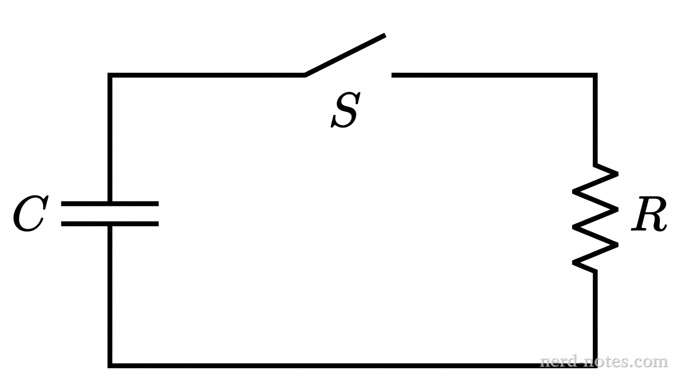 A single rectangular circuit loop oriented with horizontal top and bottom wires and vertical left and right wires. The left vertical wire contains a capacitor labeled C represented by two parallel horizontal plates. The top horizontal wire contains a single-pole single-throw open switch labeled S. The right vertical wire contains a zigzag resistor labeled R. No other labels, lines, text, or axes appear.