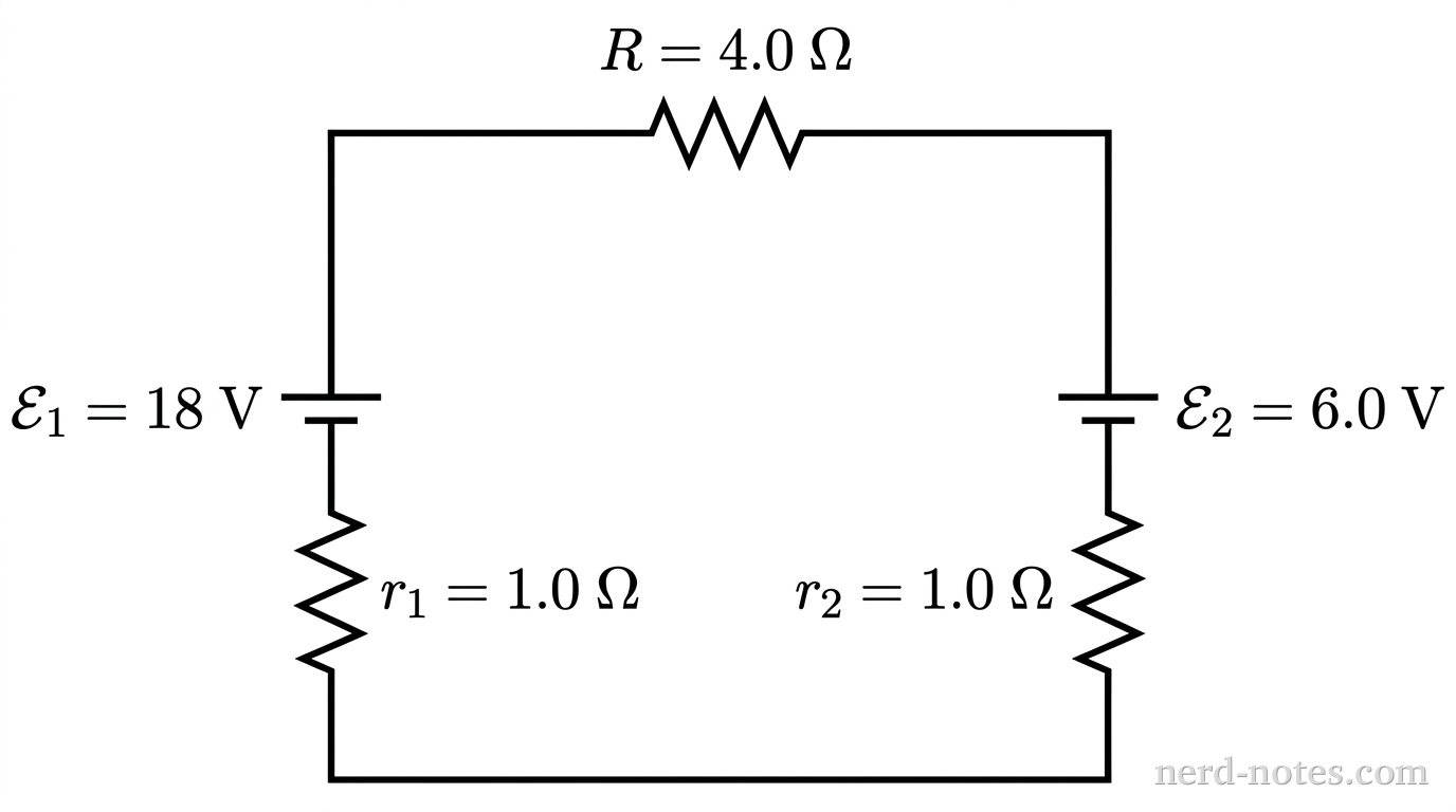Circuit with two opposing batteries and a resistor.