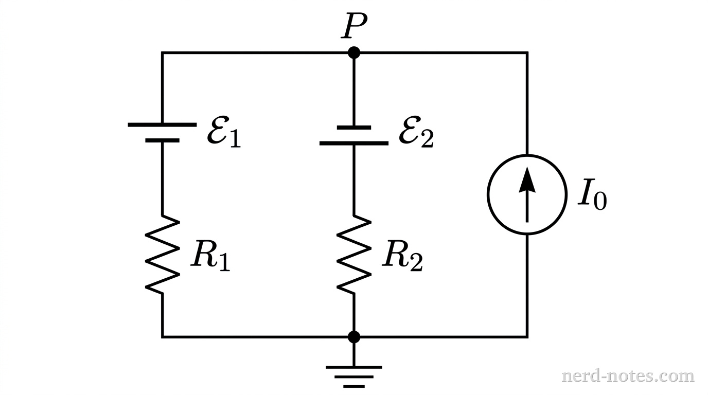 Circuit schematic with three parallel branches connected to node P.