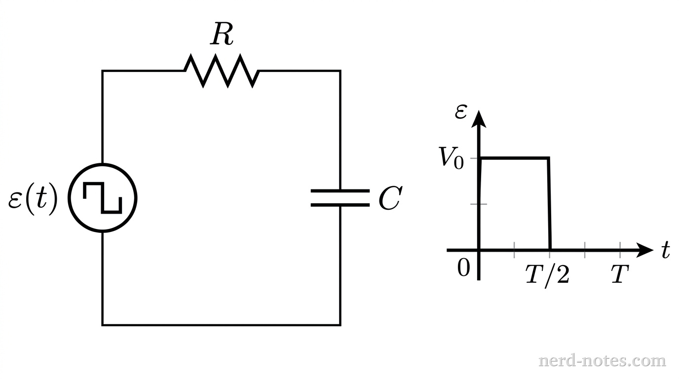 A circuit schematic showing a single loop. An alternating square-wave source labeled \(\varepsilon(t)\) is on the left branch. Connected in series on the top branch is a resistor labeled \(R\), followed by a capacitor labeled \(C\) on the right branch. Beside the circuit is an inset graph of source voltage \(\varepsilon\) versus time \(t\) showing a rectangular pulse that equals \(+V_0\) from \(t=0\) to \(t=T/2\) and drops to \(0\) from \(t=T/2\) to \(t=T\). No other labels, lines, text, or axes appear.