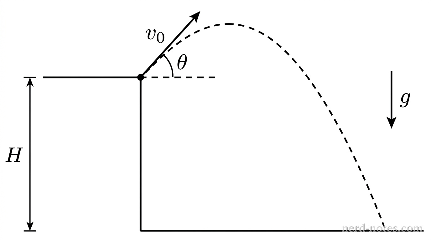 Trajectory of a dart launched from a cliff of height H.