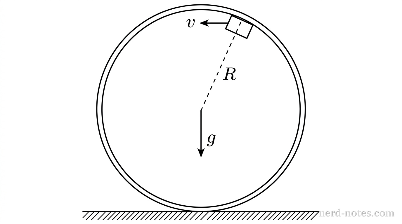 A side-view diagram of a vertical circular track. A full circular ring representing the track is centered in the diagram, resting on a flat horizontal surface. A dashed radial line extends from the exact center of the circle to the top apex of the circle, labeled \(R\). At the highest point on the inner boundary of the circular ring, a small rectangular block representing the test car is positioned against the track surface. A single horizontal arrow points to the left from the center of the block, labeled \(v\). A vertical arrow points downward from the center of the circle toward the base, labeled \(g\). No other labels, lines, text, or axes appear.