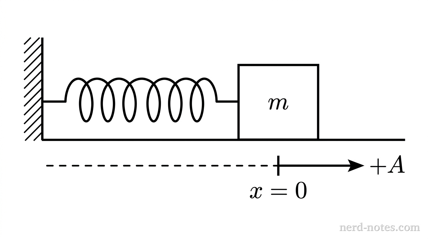 A line drawing showing a horizontal mass-spring oscillator on a smooth horizontal ground line. On the left, a vertical wall with hatching on its left side is shown. Attached to the right face of the vertical wall is a horizontal coiled spring with seven coils extending to the right. The right end of the spring is attached to the left face of a rectangular block labeled \(m\). A horizontal dashed line extends below the block, with a short vertical tick mark labeled \(x = 0\) directly below the center of the block. A horizontal arrow points to the right from the vertical tick mark to a point labeled \(+A\). The spring is shown slightly stretched. No other labels, lines, text, or axes appear.