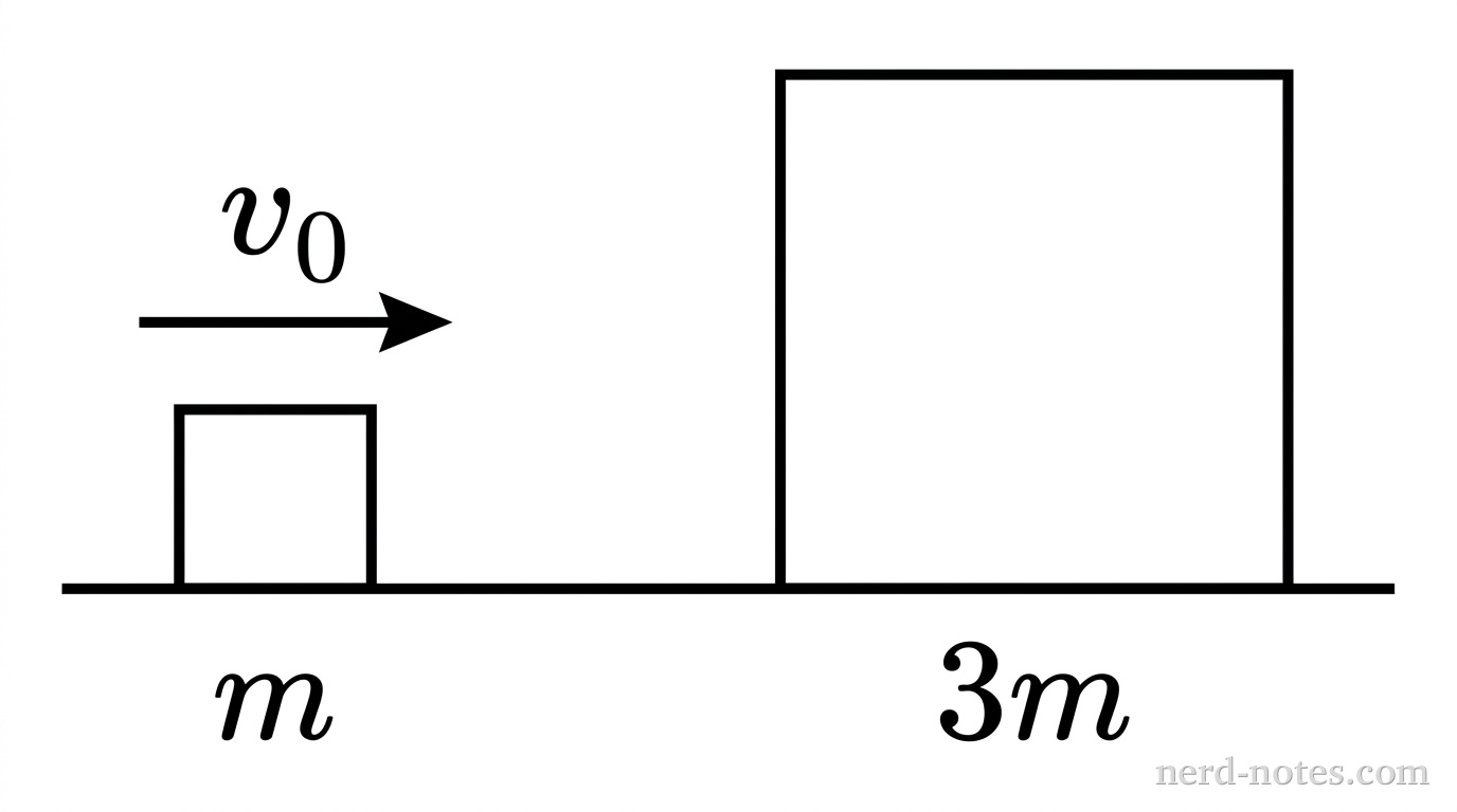 Block of mass m approaching stationary block of mass 3m on a frictionless surface.