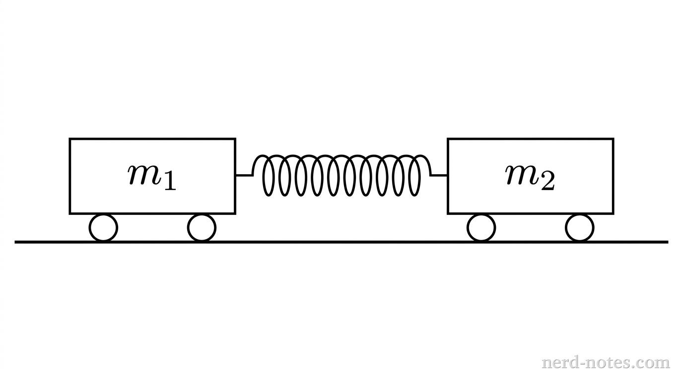 Two carts at rest on a frictionless surface with a compressed spring between them.