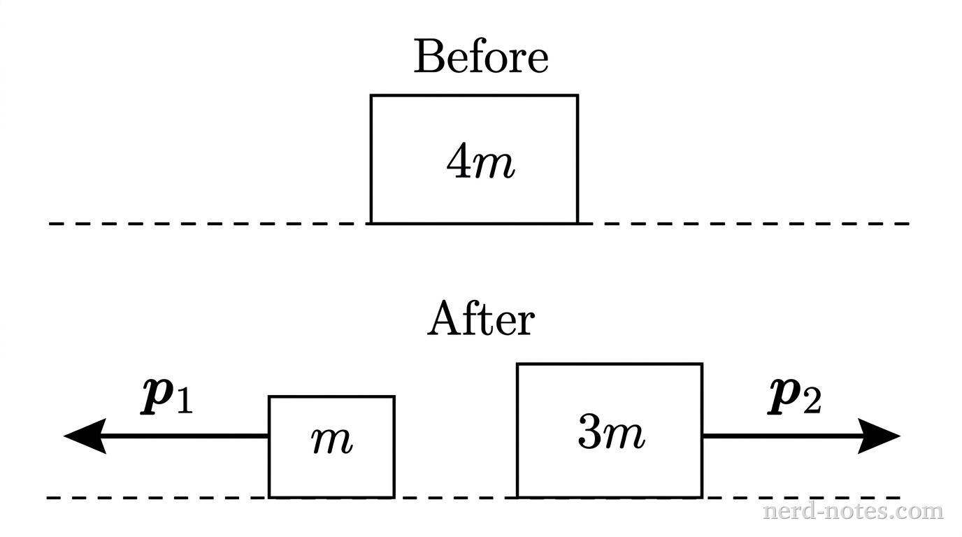 An object of mass \(4m\) explodes into two fragments of masses \(m\) and \(3m\).