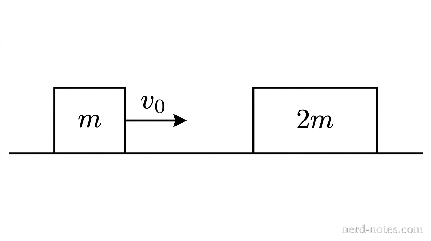 Block \(m\) moving toward stationary block \(2m\) on a frictionless surface.
