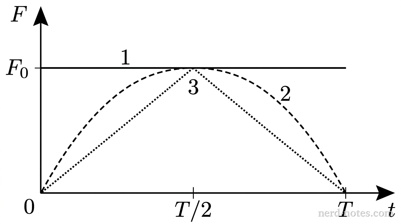 Force versus time for three carts over the interval from \(t = 0\) to \(t = T\).
