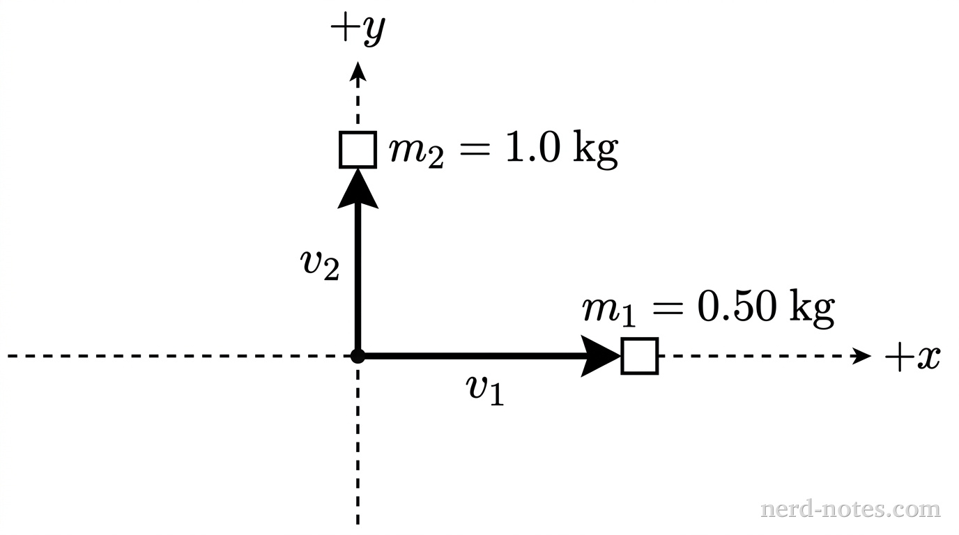 Top-down view of two fragments moving along the axes immediately following the explosion.