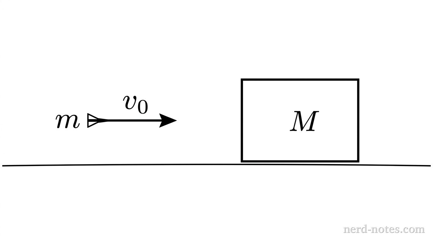 A dart traveling horizontally toward a stationary block on a rough surface.