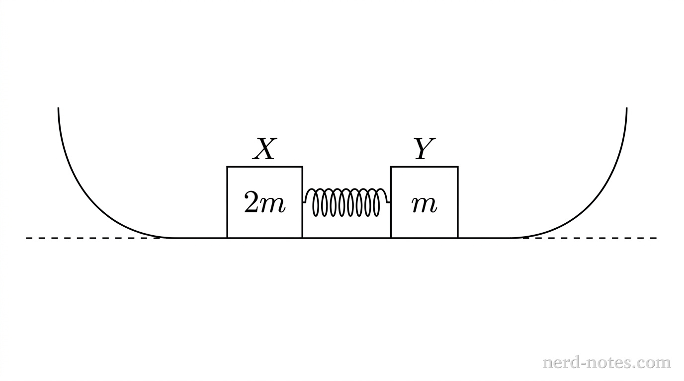 Blocks X and Y with a compressed spring on a horizontal track with two identical ramps.