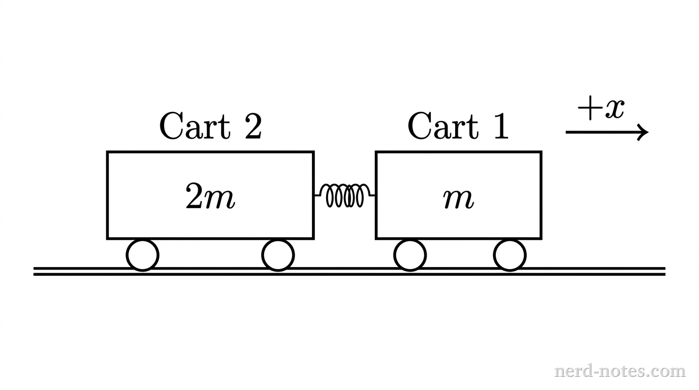 Two carts at rest on a frictionless track with a compressed plunger between them.