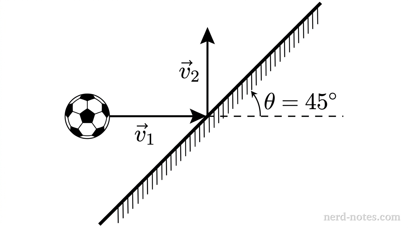 Top-down view of the soccer ball colliding with the angled wall.