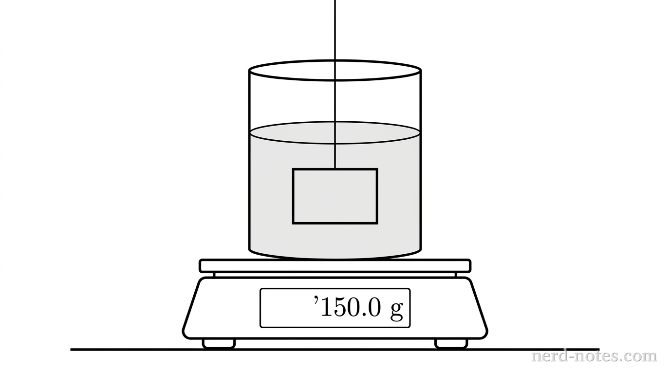 A schematic drawing of a laboratory setup. A horizontal digital scale rests on a flat surface. On top of the scale sits an open cylindrical beaker containing water. A solid rectangular block is fully submerged in the water, hanging from a single vertical string that extends upward out of the frame. The block is suspended in the center of the liquid without touching the sides or bottom of the beaker. No arrows, force vectors, or mathematical notations are present.