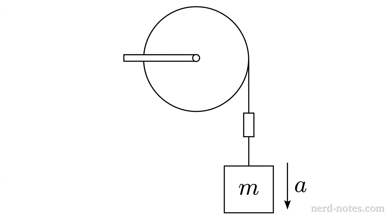 A block of mass m suspended from a rotating disk pulley.