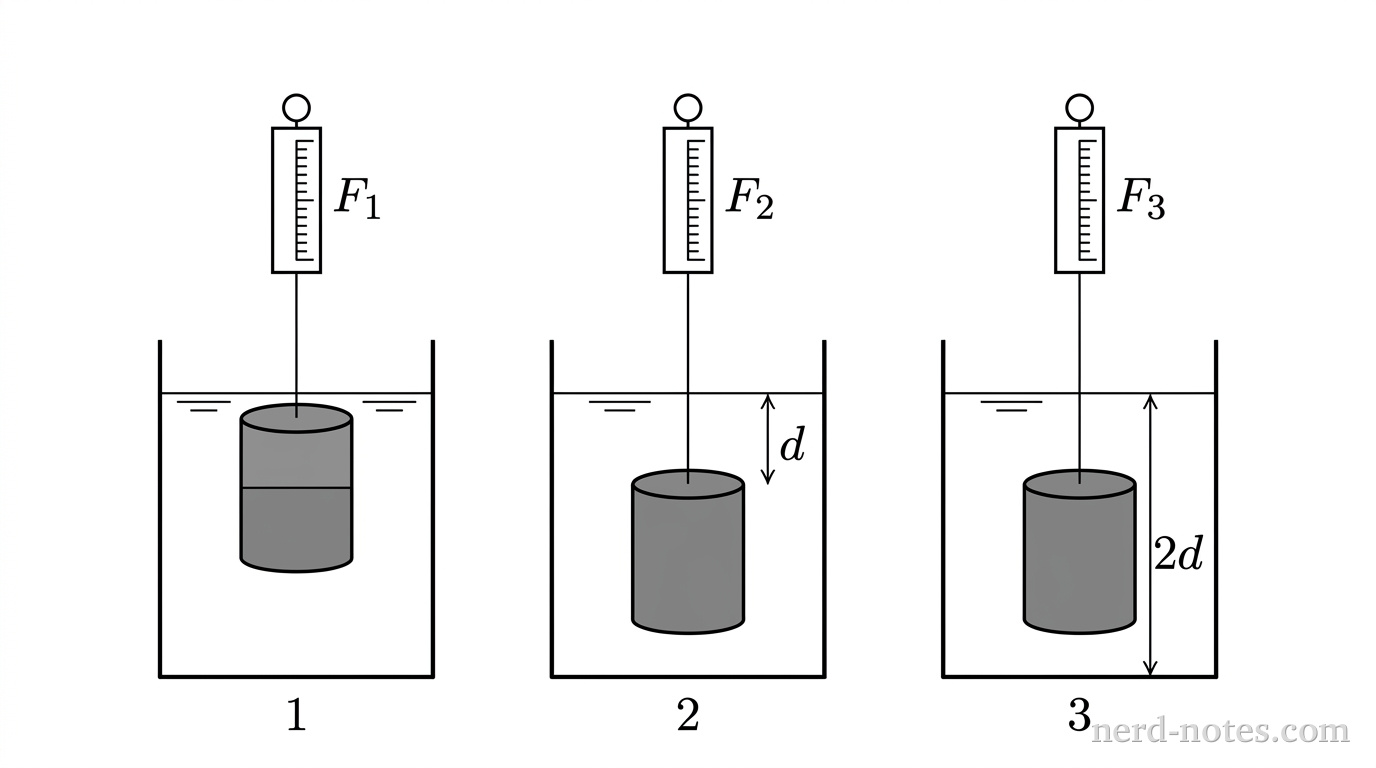 Three identical open-topped rectangular beakers filled with liquid to equal heights are arranged side by side and labeled 1, 2, and 3 from left to right. In beaker 1, a solid gray cylinder hangs from a vertical line representing a string such that exactly half of the cylinder is submerged below the liquid surface. In beaker 2, an identical solid gray cylinder hangs from a vertical string such that it is completely submerged with its top surface located at depth d below the liquid surface. In beaker 3, an identical solid gray cylinder hangs from a vertical string such that it is completely submerged with its top surface located at depth 2d below the liquid surface, suspended above the container floor. Above each beaker, a spring scale attached to the string displays scale readings labeled F_1, F_2, and F_3, respectively. No other labels, lines, text, or axes appear.