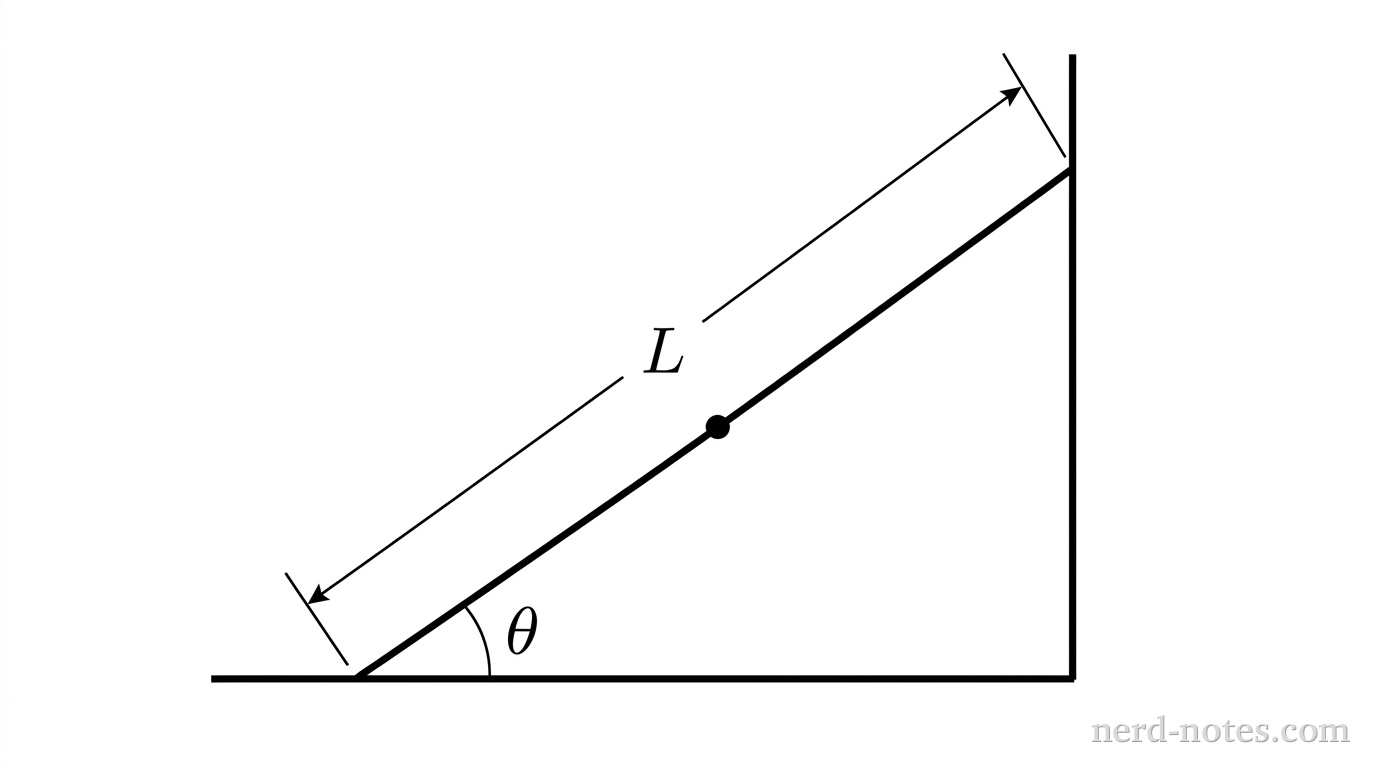 A uniform ladder of length \(L\) leaning against a frictionless wall at angle \(\theta\).