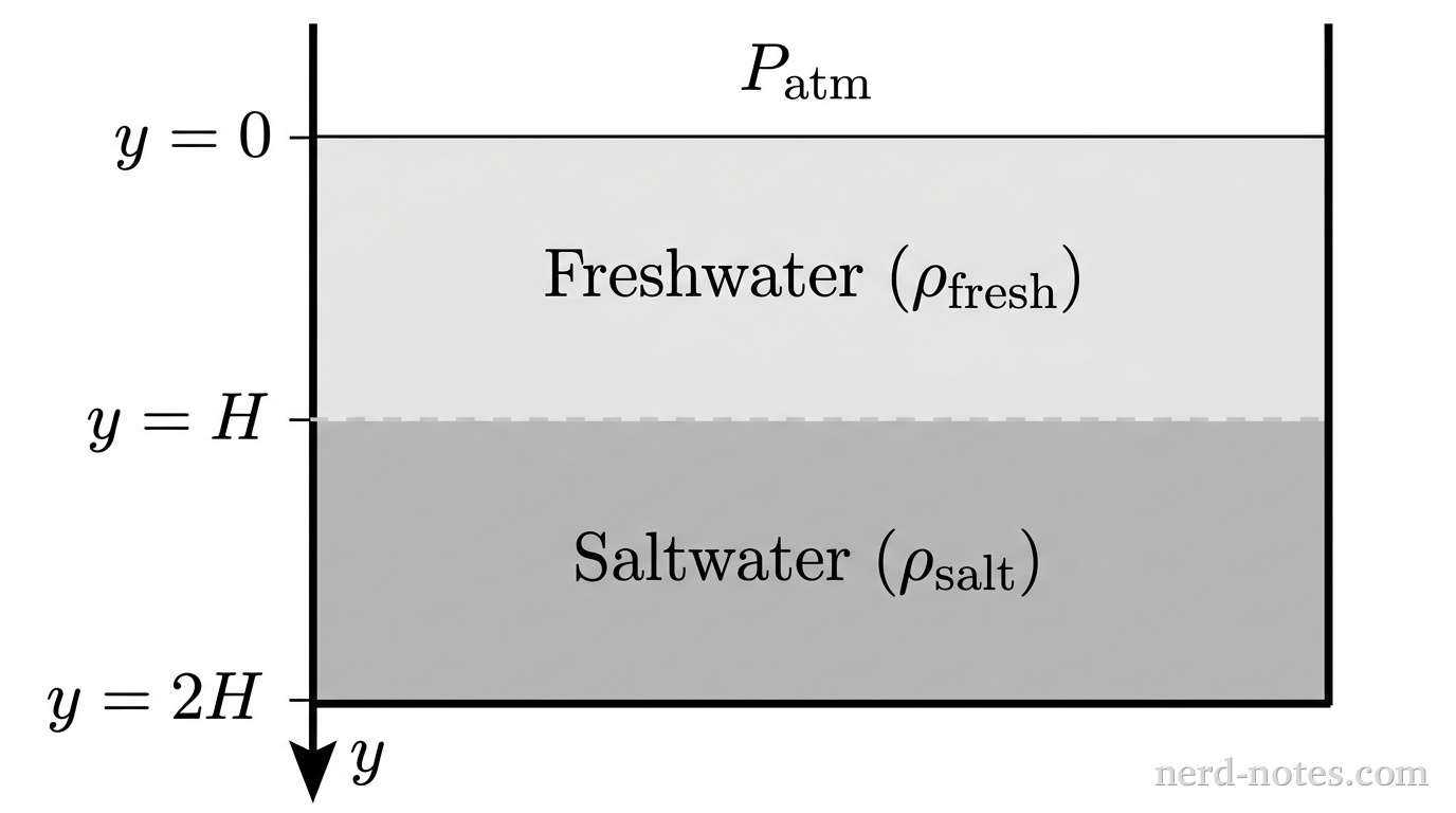 Layered fluids in an open tank with depth axis \(y\) directed downward.