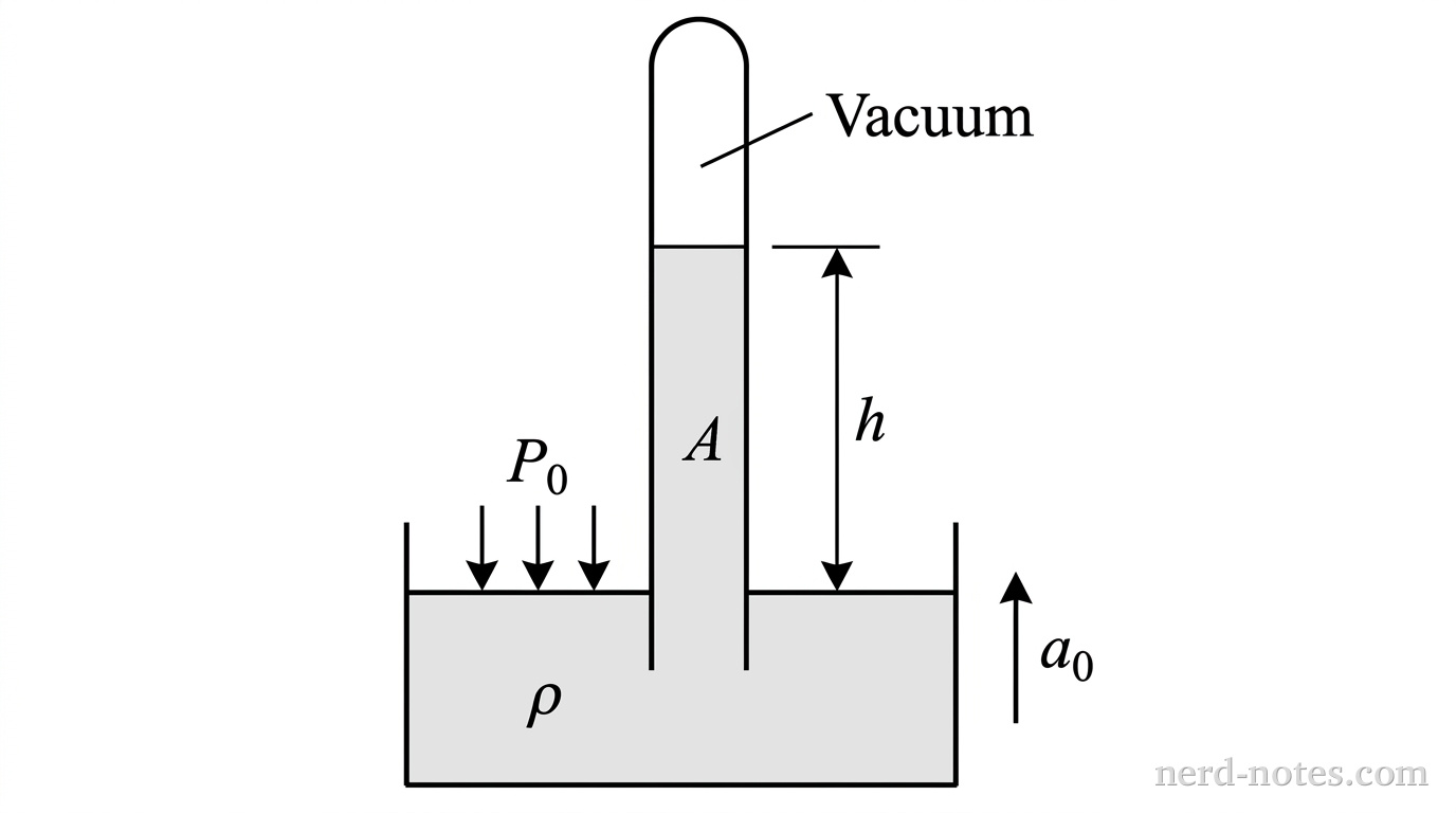A liquid barometer inside an elevator accelerating upward with acceleration \(a_0\).