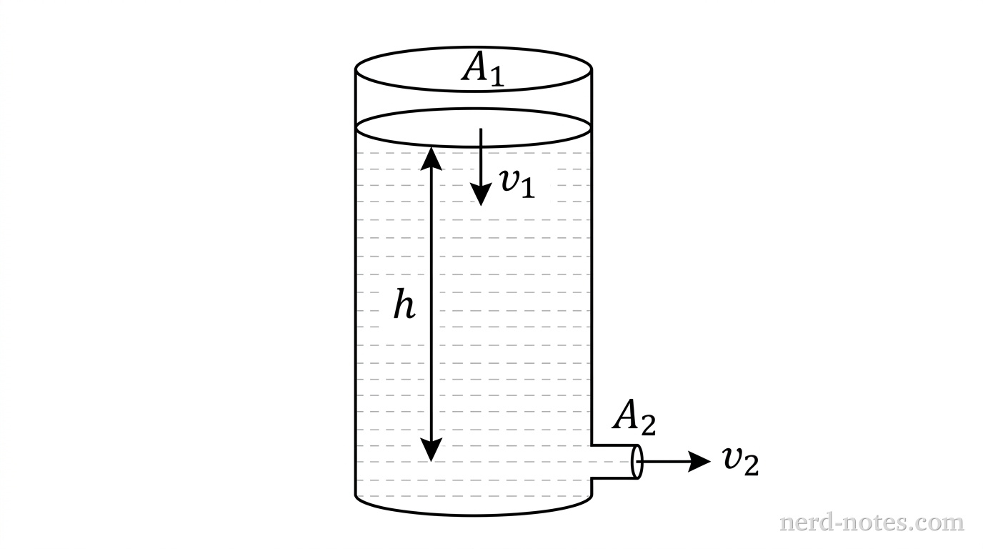 Cylindrical tank of cross-sectional area A_1 draining through a nozzle of area A_2.