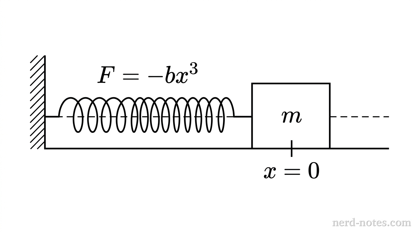 A schematic of a horizontal spring-mass oscillator on a horizontal surface. On the left, a vertical wall is attached to a horizontal coil spring. The right end of the spring connects to a rectangular block of mass \(m\). A horizontal dashed centerline extends beneath the block. A vertical tick mark on the ground directly below the block's center is labeled \(x = 0\). Above the spring, the label \(F = -b x^3\) is shown. No other labels, lines, text, or axes appear.