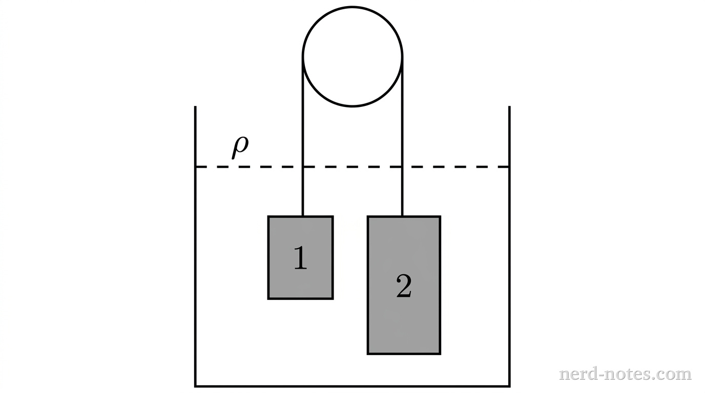 A schematic diagram showing a fluid apparatus. A rectangular open-top container is filled with fluid, indicated by a horizontal dashed line near the top labeled with the fluid density symbol \(\rho\). A circular pulley is mounted centered above the container. A single continuous line representing a string loops over the pulley. The left vertical segment of the string descends into the fluid and connects to the top center of a solid gray rectangle labeled \(1\). The right vertical segment of the string descends into the fluid to the same depth and connects to the top center of a larger solid gray rectangle labeled \(2\), where rectangle \(2\) has twice the vertical height of rectangle \(1\). Both rectangles are located entirely beneath the horizontal dashed liquid line. No other labels, lines, text, or axes appear.