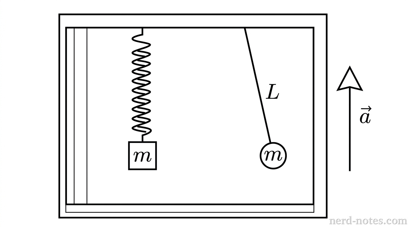 A rectangular outline representing an elevator cab. Suspended from the flat ceiling inside the cab are two systems side by side: on the left, a vertical coiled spring with a small square block labeled m at its bottom; on the right, a straight line of length L representing a pendulum string tilted slightly from the vertical with a circular bob labeled m at its lower end. To the right of the cab, an upward-pointing vertical arrow is labeled with a vector symbol \vec{a}. No other labels, lines, text, or axes appear.