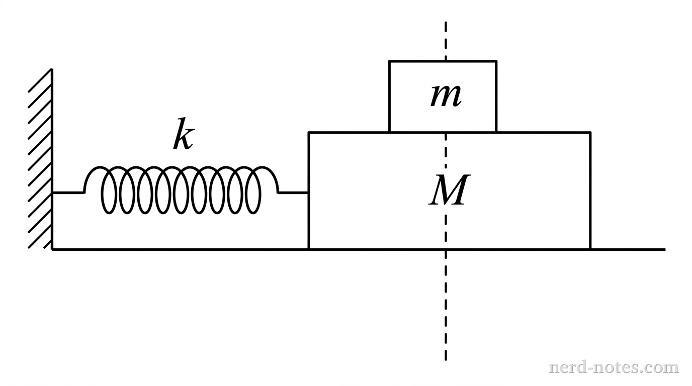 A horizontal baseline represents a frictionless surface. At the left end of the baseline, a vertical boundary wall is anchored. A horizontal coiled spring labeled \(k\) extends horizontally to the right from the wall and connects to the left side of a wide rectangular block labeled \(M\). Resting symmetrically on the top flat surface of block \(M\) is a smaller rectangular block labeled \(m\). The contact interface between block \(m\) and block \(M\) is horizontal. A single dashed vertical reference line extends through the center of block \(M\) to denote the equilibrium position. No other labels, lines, text, or axes appear.