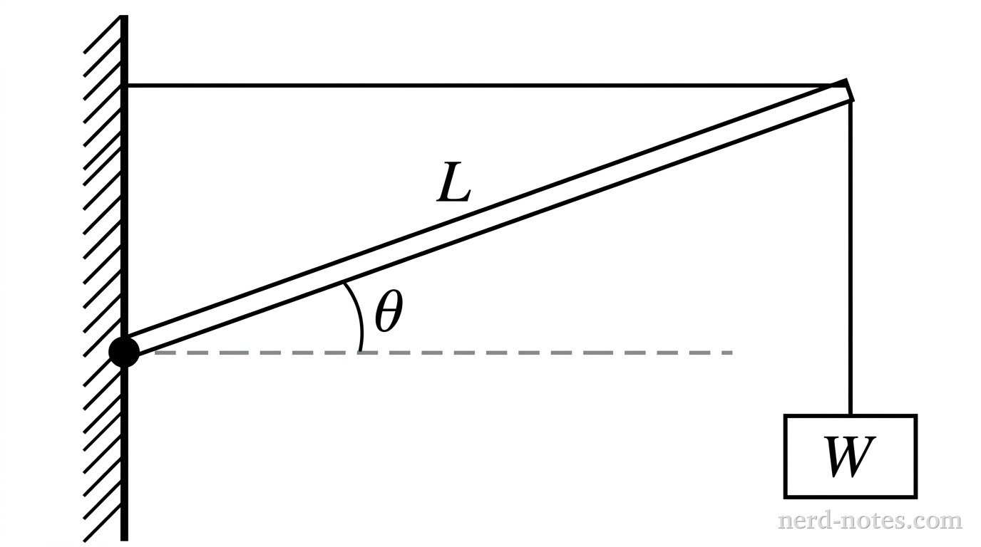 A crane boom supported by a horizontal cable and a base pivot, holding a hanging crate.