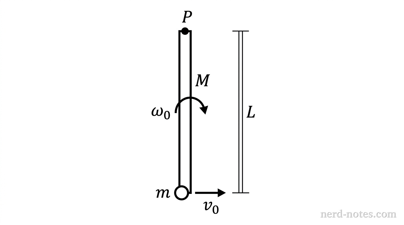 A top-down schematic view of a horizontal surface. A thin vertical rectangular bar of length \(L\) and mass \(M\) is depicted. At the top end of the bar, a small solid black circle labeled \(P\) indicates a fixed vertical pivot. Near the middle of the bar, a curved arrow pointing clockwise is labeled \(\omega_0\). At the bottom end of the bar, a small solid circle representing a projectile of mass \(m\) is positioned just to the left of the bar, with a horizontal arrow pointing to the right toward the bar labeled \(v_0\). A vertical dimension line next to the bar is labeled \(L\). No other labels, lines, text, or axes appear.