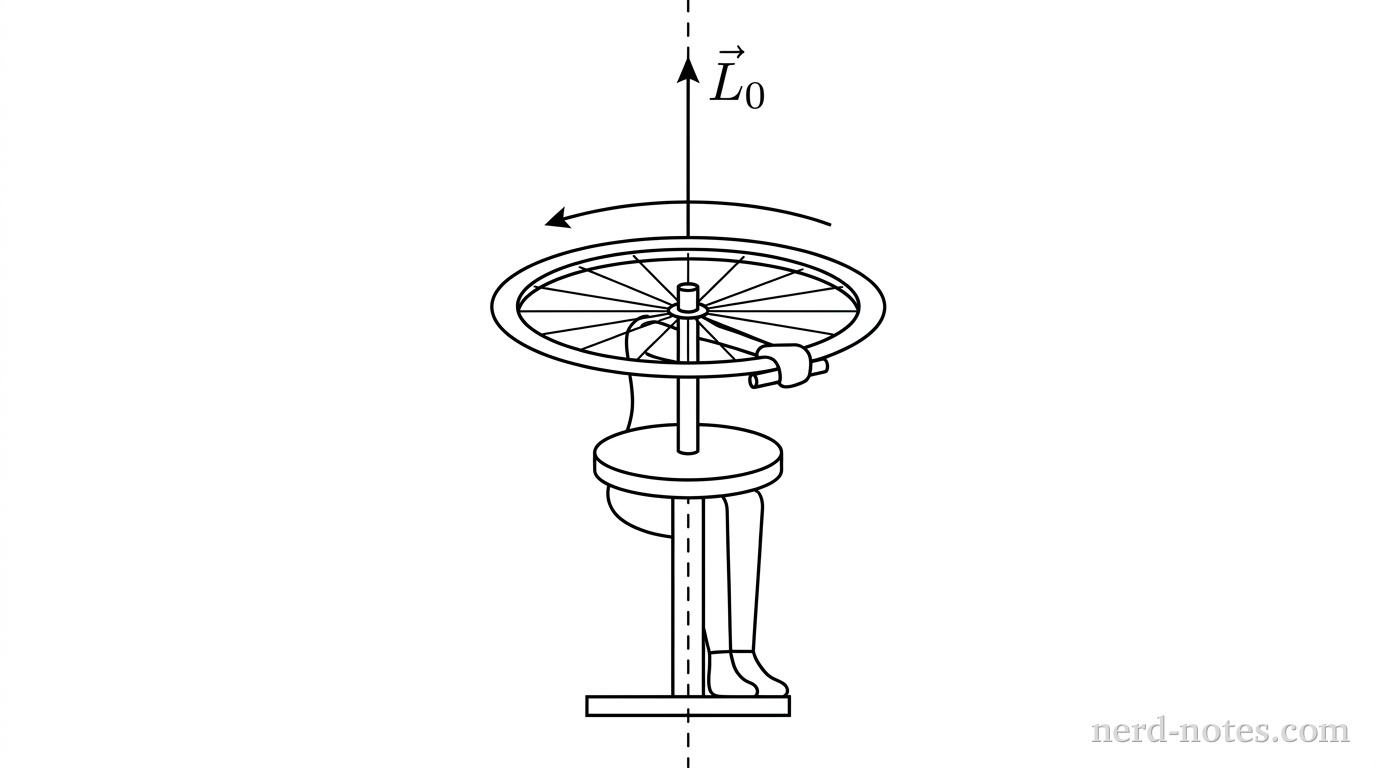 A schematic line drawing of a person sitting upright on a circular stool supported by a central vertical shaft mounted to a base. A vertical dashed line passes along the axis of rotation through the shaft and stool. The person holds the horizontal handles of a bicycle wheel with both arms extended. The wheel is positioned horizontally with its axle oriented vertically along the dashed line. A curved arrow drawn above the wheel indicates counterclockwise rotation when viewed from above. An upward vertical vector arrow labeled \vec{L}_0 extends along the vertical axle above the wheel. No other labels, lines, text, or axes appear.